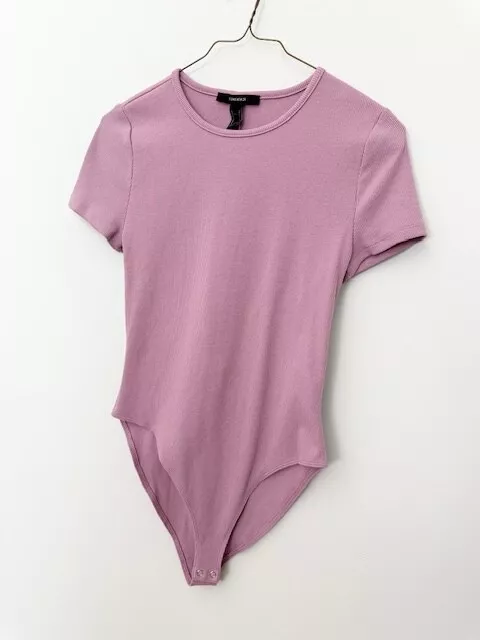 FOREVER 21 WOMENS Bodysuit Top Size L Pink Round Neck Ribbed Snaps ...