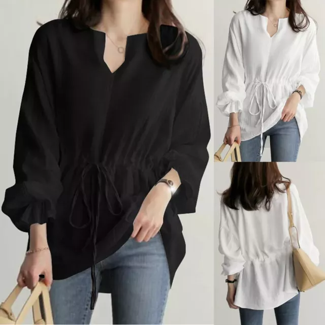 Women Summer Long Sleeve V Neck Tops Solid Shirts Tee Drawstring Waist Blouse UK