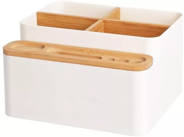 Desk Organiser Storage Box, Multi-purpose Bamboo Office Desk Tidy Holder