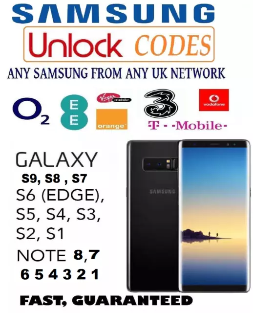 Unlock Code For Samsung Galaxy S9 Virgin Vodafone O2 EE Tmobile Tesco Three UK