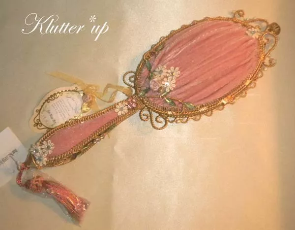 Victorian Vintage Chic Shabby Style HAND MIRROR-PINK VELVET-OVAL w/Tassel 12"