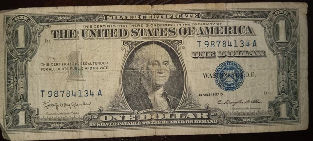 1957 One Dollar Blue Seal Series B Note Silver Certificate Old US Bill $1 Money