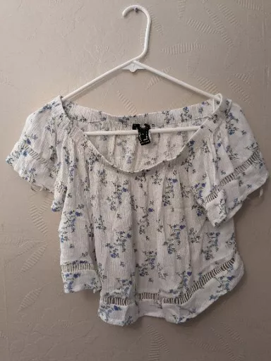 Forever 21 Womens Off The Shoulder Crop Top Size M White Floral