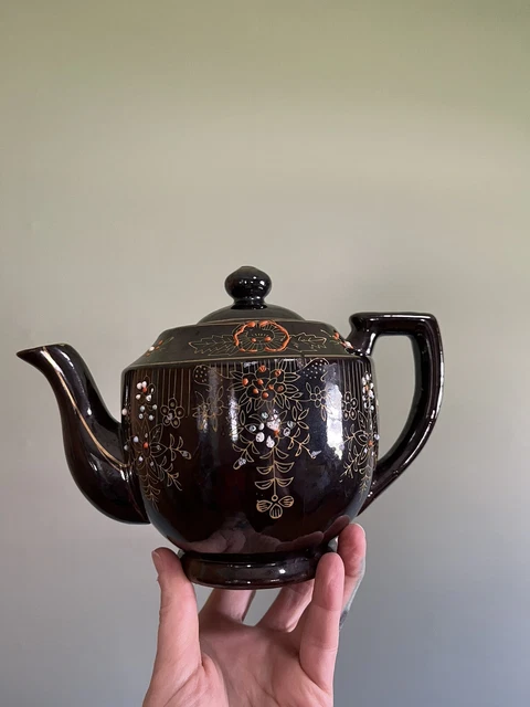 Vintage Brown Ceramic Hand Painted Teapot Floral Gold Trim Made in Japan
