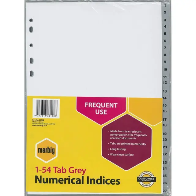 NEW 10 Packs Marbig Index Divider PP 1-54 Tab A4 Grey BULK Polypropylene