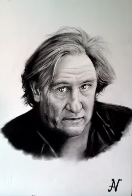 Gérard Depardieu - ritratto portrait grafite e carboncino cm. 33 x 48