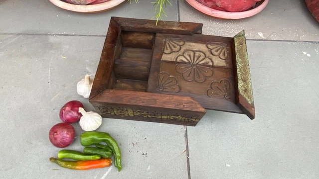 Old Collectible Spices Masala Box Wooden Hand Carved Floral Painted Kitchen