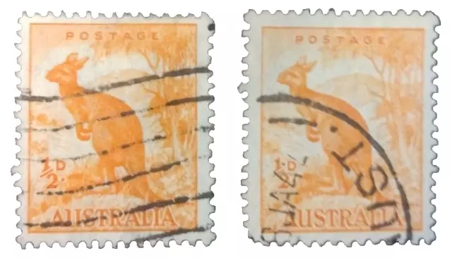 2-1937 Australia Kangaroo Orange Postage stamp 1/2 D Over Stamped Rare