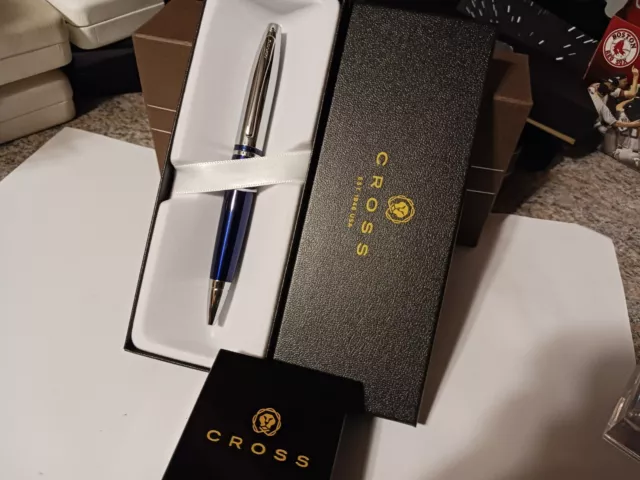 Cross Calais Metallic Blue And Chrome Ballpoint Pen Brand New Christmas Gift