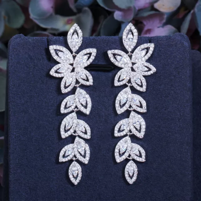 Silver Plated Marquise CZ Long Dangly Drop Leaf Earrings for Women Engagement