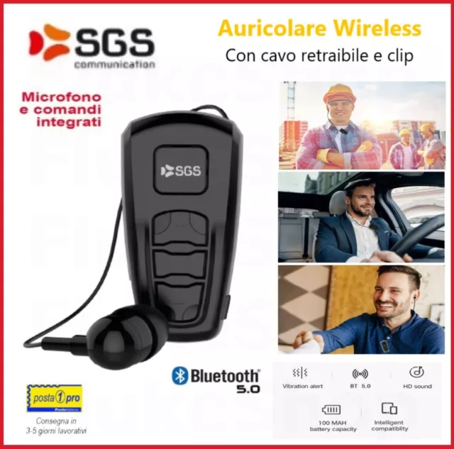 Auricolare Bluetooth Reel Sgs Wireless Cavo Retraibile E Clip Universale Audio