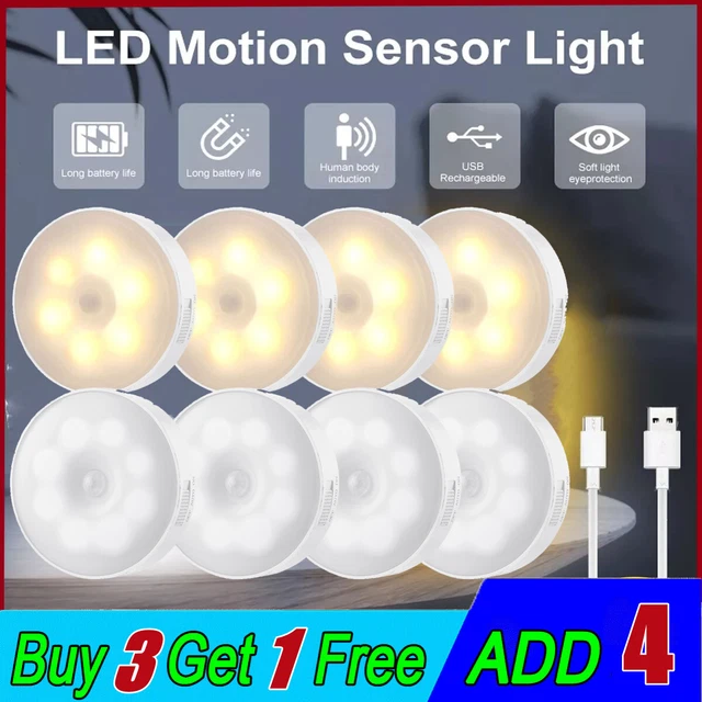 8 LED MOTION Sensor Light USB Wireless PIR Wall Cabinet Closet Stair ...
