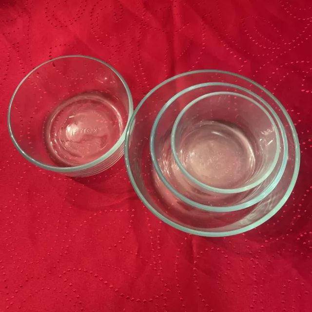 4 Pyrex Nesting Bowls Blue Tinted Glass 7202- 1/2Cup, (2) 7200-2 Cup, 7201-1Qt
