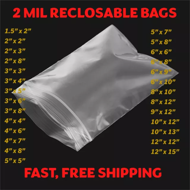 Clear 2 Mil Zip Seal Bags Poly Plastic Reclosable Top Lock Zipper 2Mil Baggies