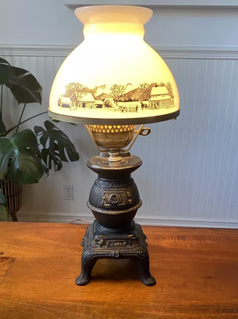 Vintage Cast Iron Pot Belly Stove Lamp With Currier & Ives Milk Glass Shade