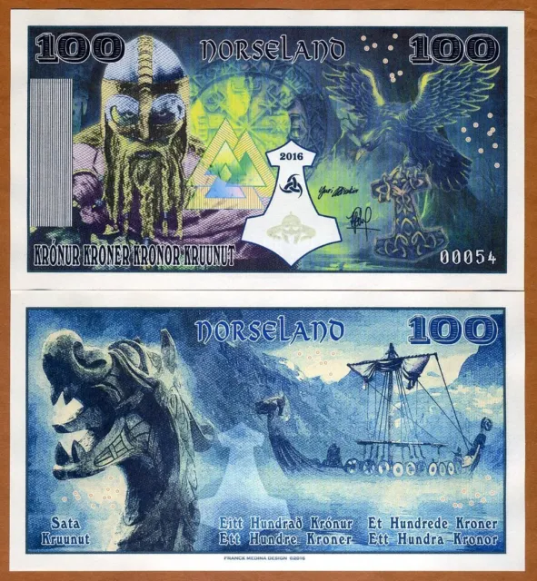 Norseland, 100 Kronur 2016, Private Issue, UNC Viking, Thor Hammer, Dragon