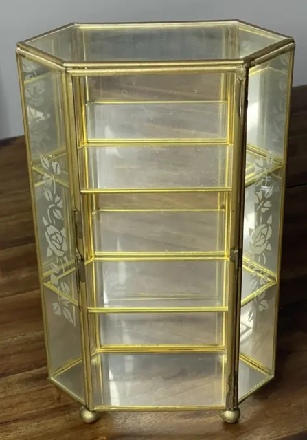 Etched Floral  Glass & Brass Mirrored Curio Display Cabinet Table 10" T x 6" L