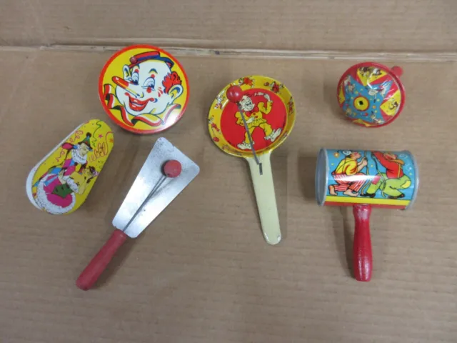 Lot of 6 Vintage Tin Litho Mixed Noise Makers 1950s    B