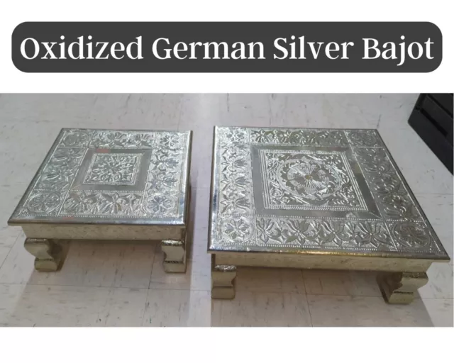 Wooden Bajot German Silver Chowki for Pooja Indian Traditional Low Sitting Stool