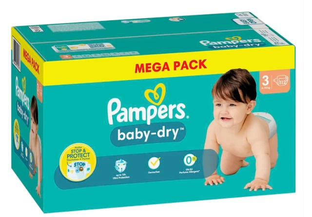 Mega Pack 112 Couches PAMPERS Baby-Dry Taille 3 (6 à 10 KG) Lot Changes Bébé