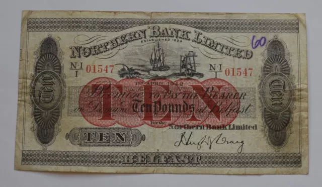 1942 Northern Bank Limited Northern Ireland £10 pounds banknote N-I 01547