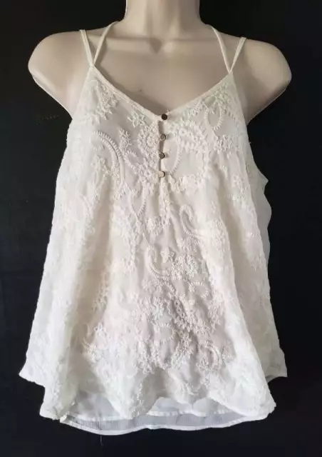 Maurices Womens Sz S Ivory Off White Lacy Strappy Tank Top Blouse Layered Sleeve