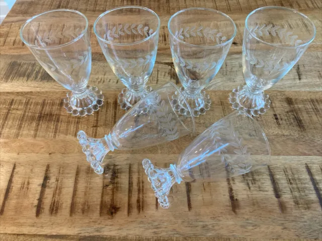 Vtg 6pc Hobnail Footed Clear Glass Drinking Glasses Etched Floral MCM EUC 5”