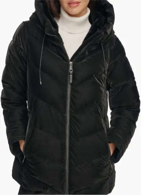 DKNY Quilted And Hooded Puffer Jacket Black Women's Large, Water Resistant, NWT