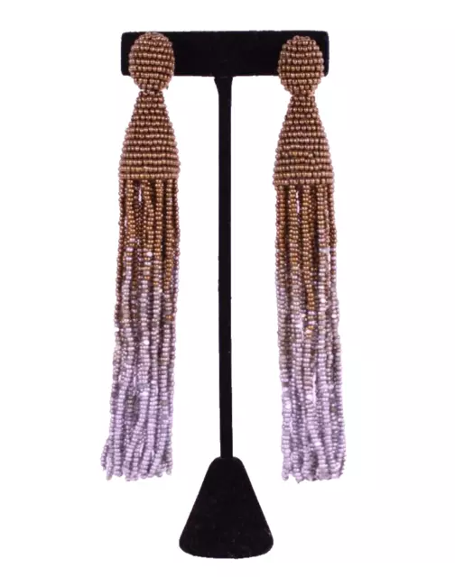 OSCAR DE LA RENTA Aged Gold & Silver Beaded Tassel Clip-On Earrings