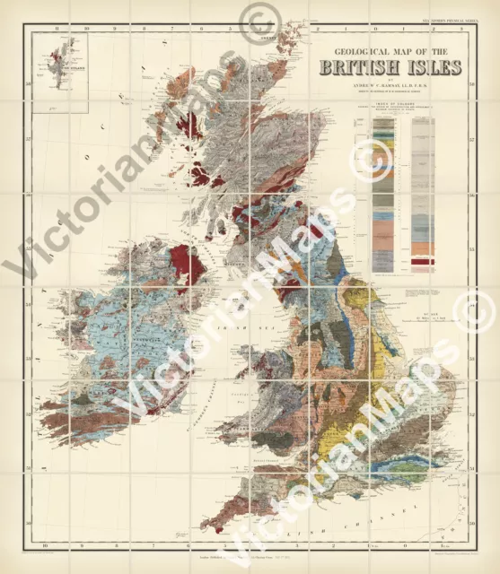 old antique Victorian Geological map British Isles Ramsay 1878 art print poster