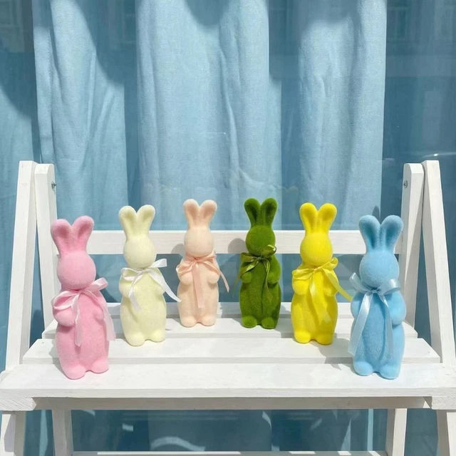 FLOCKED EASTER BUNNY Decor Cute Easter Standing Rabbit Statue With Bow ...