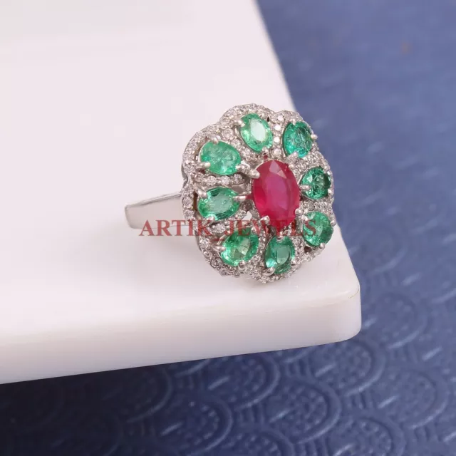 Chauffé Rubis & Pierre Précieuse Émeraude Avec 925 Bague en Argent pour Femmes # 3