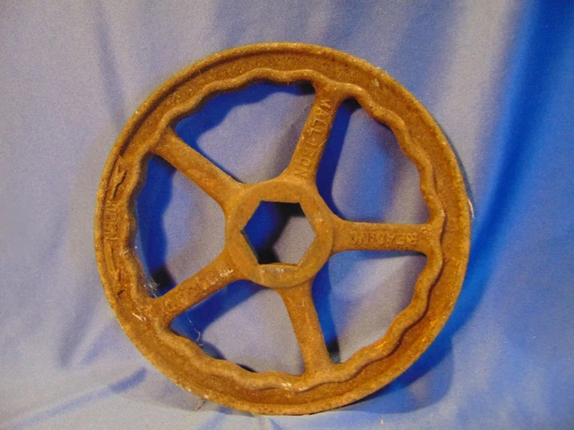 Cast wall iron wheel OPEN arrow pipe valve door machinery industrial Vtg reading
