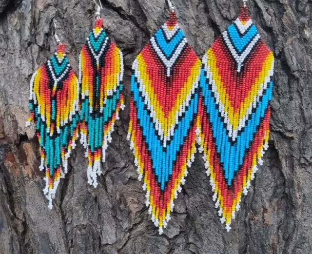 Two Combo  Boho Tribal Earrings American Native Large Seed Beads Earrings