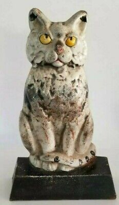 Antique Cast Iron House Cat Sculpture Yellow Eyes Heavy Doorstop Vintage Figure
