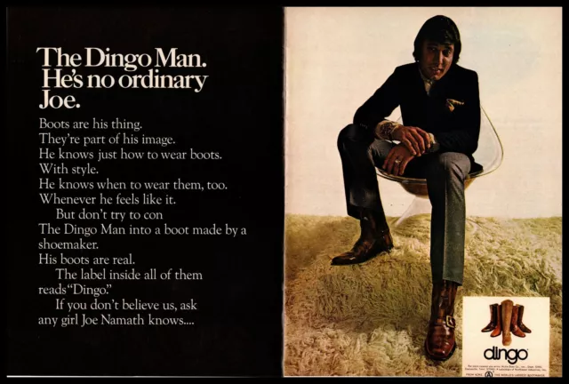1970 Joe Namath NY Jets QB The Dingo Man "No Ordinary Joe" Boots 2-Page Print Ad