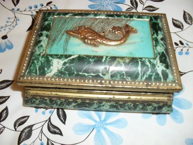 Rectangle antique vintage tin with gold fish and raised edges & claw feet