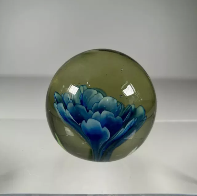 Vintage Art Glass Floral Flower Paperweight Blue Dark Shaded Glass