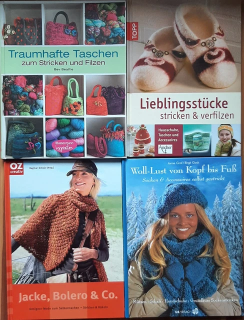 Bücherpaket56 4x Stricken, Häkeln, Filzen Taschen, Hausschuhe etc