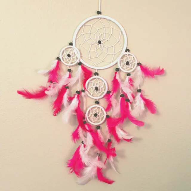 Traumfänger groß weiß rosa - Dreamcatcher, Federn Deko, Kinder Windspiel, pink