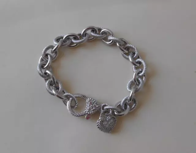 Judith Ripka Sterling Silver Pave Heart Charm Bracelet 7.25" EUC