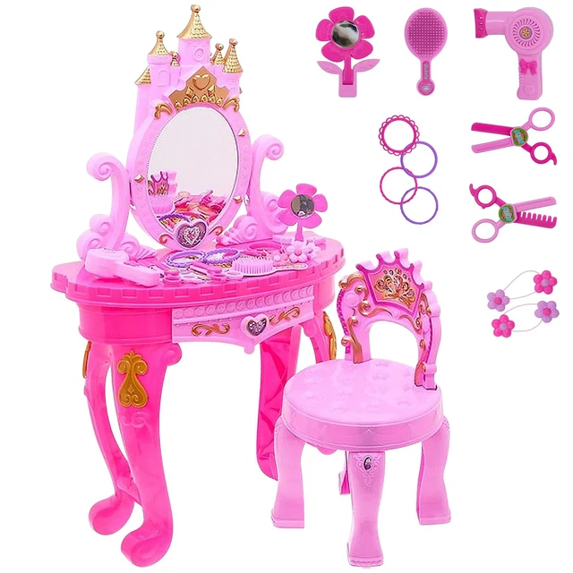 Dressing Table & Stool Princess Vanity Toy with Accessories Kids Girls Role Play