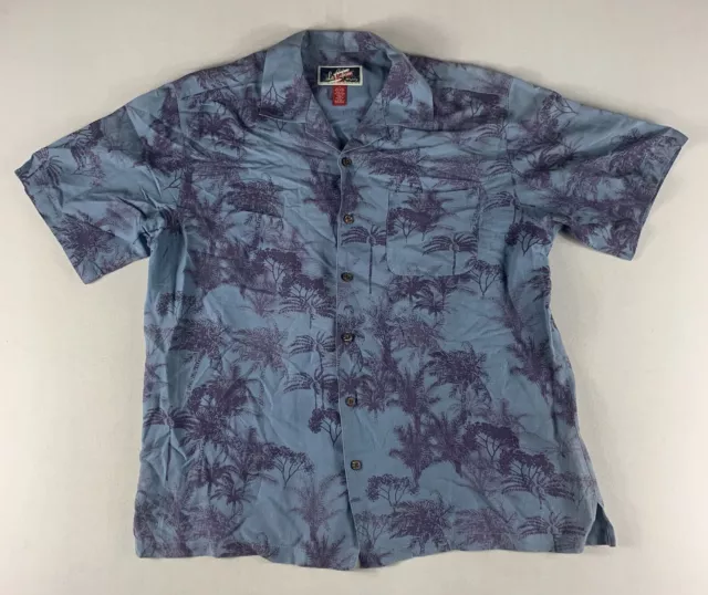 La Cabana Hawaiian Shirt Mens Large Blue Purple Palm Button Up Linen Blend