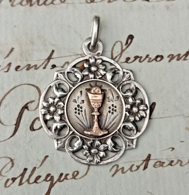 Ancien Pendentif Médaille Religieuse En Argent Massif 925, Sans Marque