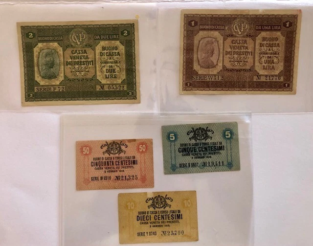 LOTTO CASSA VENETA DEI PRESTITI 5, 10 e 50 cent. + 1 e 2 Lire Buono di cassa