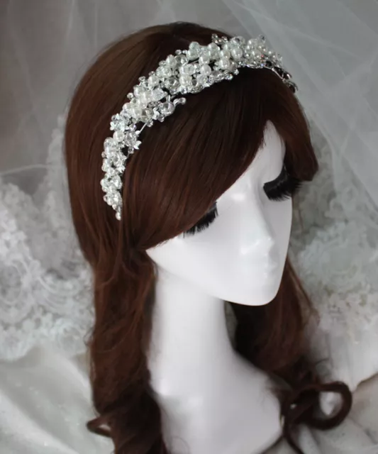 Wedding Cream Pearl Silver diamante Bridal Crown Prom Party Bridal Hair Tiara UK