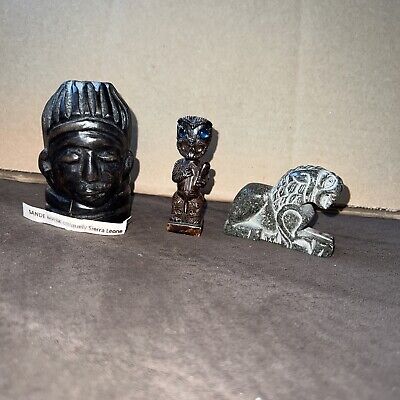 MASK SANDE SIERRA LEONE 3 1/2" ART CARVING, + 2 Other Unknown Figurines. J4