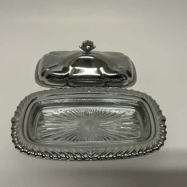 Vintage Chrome Metal Butter Dish With Glass Insert Starburst Pattern 7-3/4”L