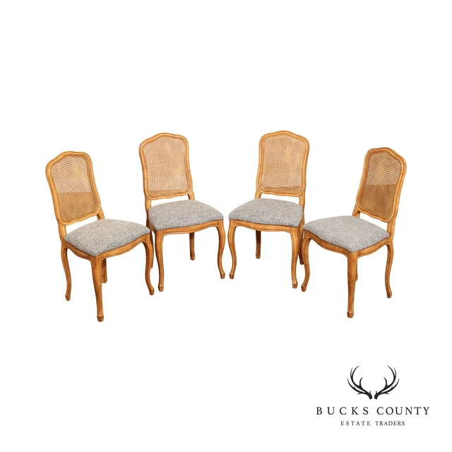 French Louis XV Style Set of Four Cane Back Dining Chairs French Louis XV Style Set of Four Cane Back Dining Chairs