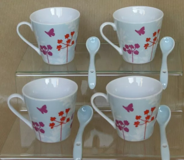 Service lot 4 tasses à café expresso + cuillères en céramique porcelaine fleurs 